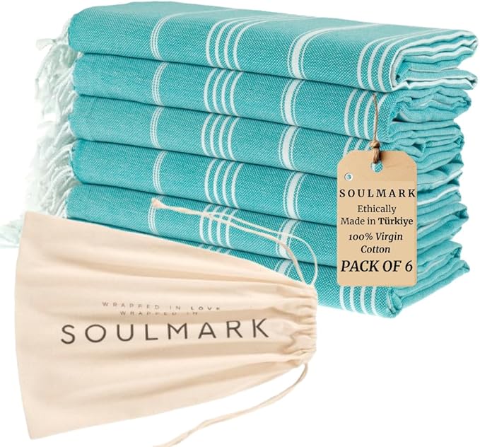 SOULMARK 100% Cotton Turkish Beach Towel with Bag - 38"x71" - 6 Pack - Made in Green & Oeko TEX Certified - Pre-Washed & Sand Free - Quick Dry and Lightweight for Travel - Made in Turkey - Mint Green