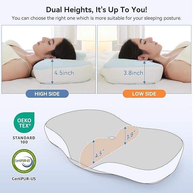 Cervical Neck Pillow - Ergonomic Memory Foam Pillow for Side, Back & Stomach Sleepers, Orthopedic Contour Pillow with Dual Height & Breathable Pillowcase(Grey)