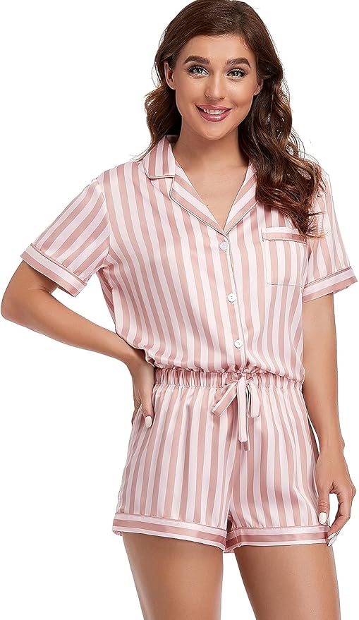 Women's Satin Pajama Set 2-Piece Sleepwear Loungewear Button Down Short Sleeve Silky PJ Set