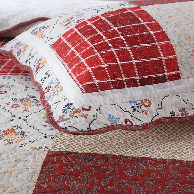Cotton Bedspread Quilt Bedding Sets 3 Pieces Reversible Coverlet Sets Comforters Vintage Red White Rose Floral Patchwork Bedspread, King Size