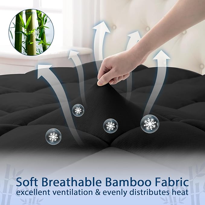 ELEMUSE Twin Black Cooling Bamboo Viscose Mattress Topper for Back Pain, Extra Thick Mattress Pad Cover, Plush Soft Pillowtop with Elastic Deep Pocket, Overfilled Down Alternative Filling