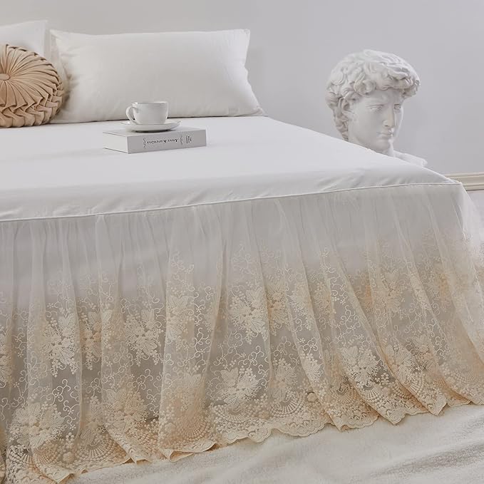 Brandream Lace Bed Skirt Full Size Cream White 18 Inch Drop Romantic Bed Sheets Cover Split Corners