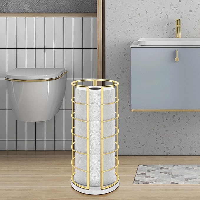 NearMoon Toilet Paper Organizer Stand, Free Standing 3 Rolls Tissue Storage, Metal Bathroom Accessory, Rustproof Toilet Roll Holder for Kitchen Countertop Inside Cabinet Shelf(Marble Base,Gold)