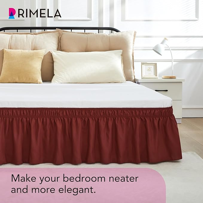 RIMELA Wine Red Bed Skirt Queen Size 15 Inch Drop, Elastic Bed Skirting for Bed Base and Frame, Bedding Dust Ruffle Easy to Install, Lightweight Wrap Around Adjustable Bedskirt