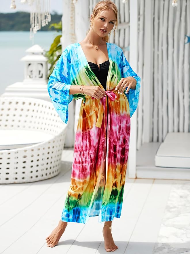 Women Casual Open Front Lightweight Cardigan Long Beach Kimono Cover Up