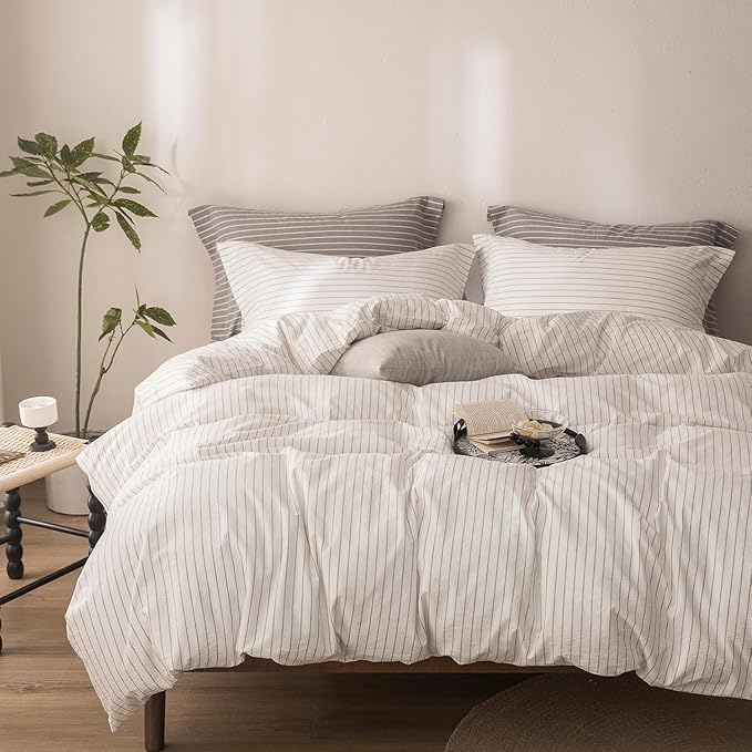 Stripe Duvet Cover Super King Plus Size 120inch x 120inch,100% Washed Cotton Linen Feel Duvet Cover with Zipper Closure and 2 Pillowcases, Color of Off White-Linen Grey Stripe