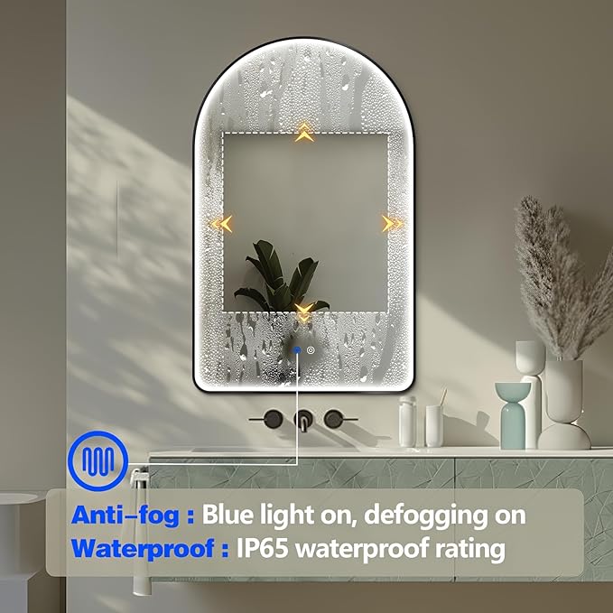 Niccy Arched LED Bathroom Mirror, 40"x30" Black Framed Arch Wall Lighted Mirrors, Arching Frontlit Vanity-Mirror with Memory Function for Bathroom Bedroom, Defogger and 3 Color, Explosion-Proof