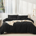 JIYUAN 100% Washed Cotton Duvet Cover Set 3 Pieces Oversized Queen, 1 Duvet Cover 98x98 Inches(Comforter Not Included) and 2 Pillowcases,Linen Feel Bedding Set Comfy and Breathable,Black