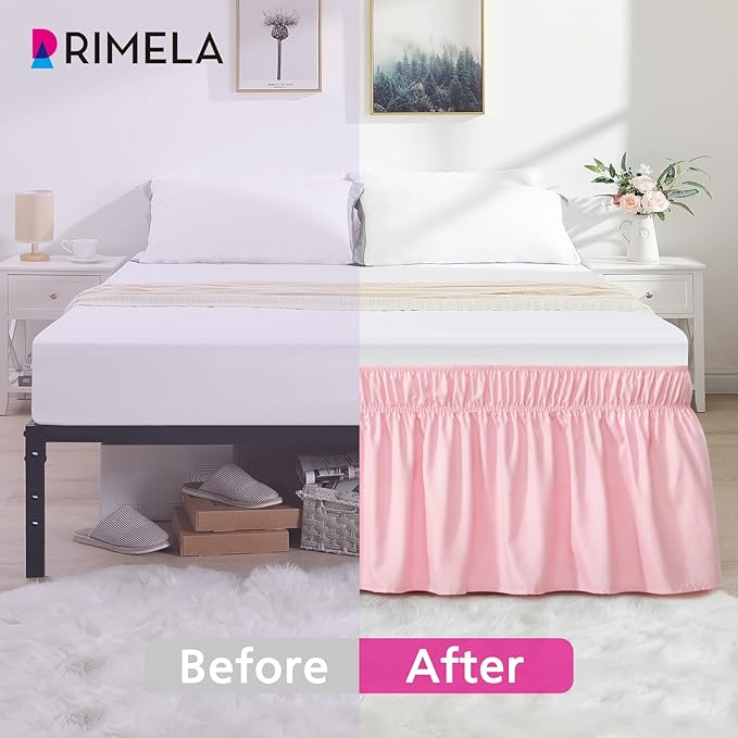RIMELA Pink Bed Skirt Twin Size 15 Inch Drop, Elastic Bed Skirting for Bed Base and Frame, Bedding Dust Ruffle Easy to Install, Lightweight Wrap Around Adjustable Bedskirt