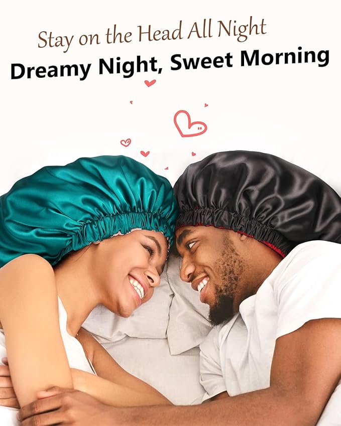 mikimini Satin Bonnet Pack of 2 for Men and Women, Reversible Double Layer Sleeping Silk Bonnet for Curly Hair Braids with Anti-Slip Adjustable Widened Elastic Band Super Large Soft (XL, Black/Blue)