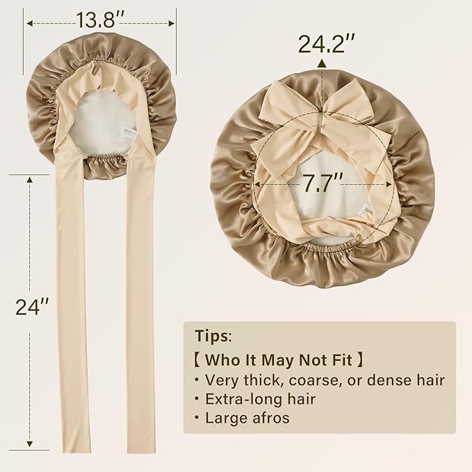 ZIMASILK 100% Mulberry Silk Bonnet for Sleeping Women Long Hair Double Layer Silk Hair Wrap with Tie Band Stay On Head (1Pc, Light Coffee)