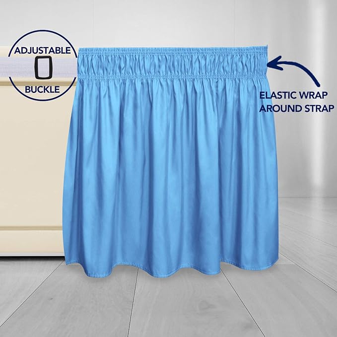 PureFit Wrap Around Ruffled Bed Skirt with Adjustable Elastic Belt - 22 Inch Drop Easy to Put On, Wrinkle Free Bedskirt Dust Ruffles, Bed Frame Cover for Twin,Twin XL and Full Size Beds, Light Blue