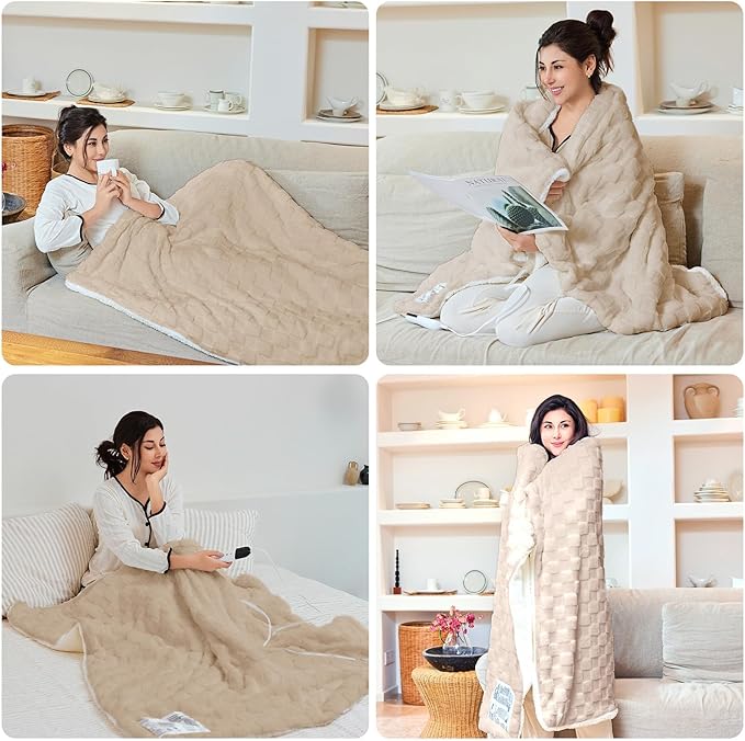 Heated Blanket with 6 Heating Levels 10 Hours Time Setings and Auto-Shut Off, Soft Checked Flannel Fast-Heating Electric Blanket (Khaki, 90"X100")