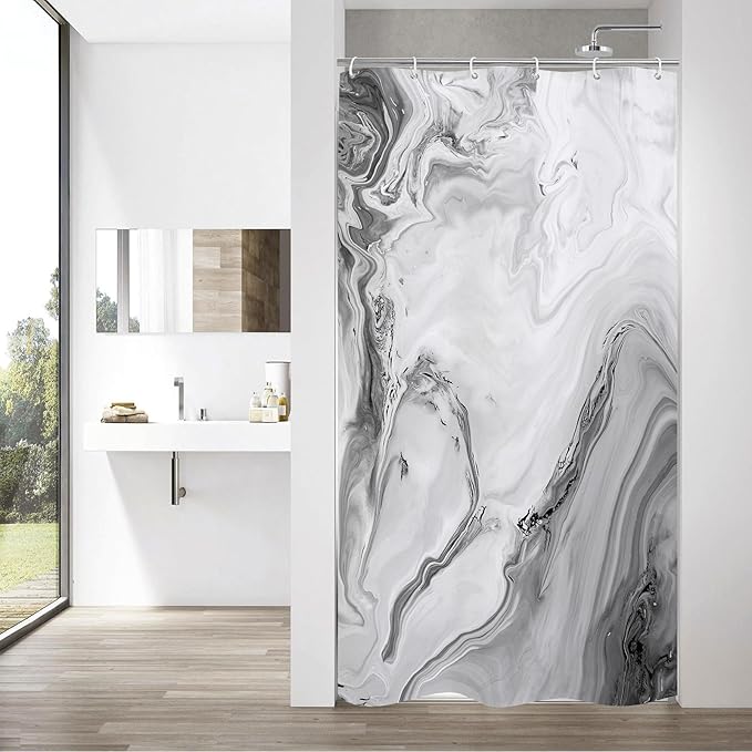 MitoVilla Grey Marble Small Stall Shower Curtain 36 x 72, Abstract Ombre Half Size Narrow Shower Curtain Set, 36 inch Modern Fabric Shower Curtains for Chic Luxury Bathroom Decor