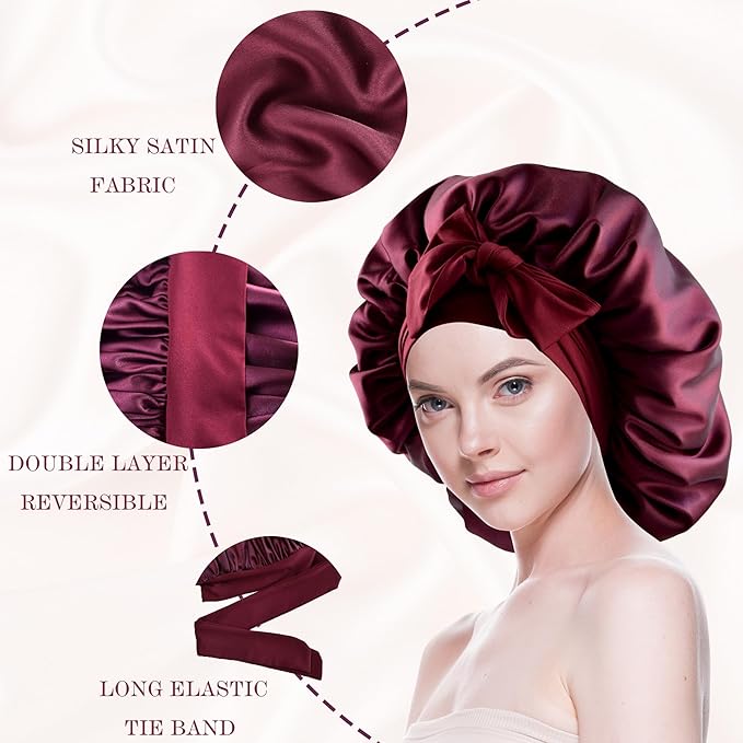 Silk Bonnet for Sleeping Women Satin Bonnet Double Layer Night Sleep Cap with Elastic Tie Band for Curly Natural Hair