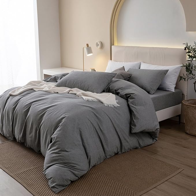 JIYUAN 100% Washed Cotton Duvet Cover Set 3 Pieces Alaska King, 1 Duvet Cover 132x120 Inches(Comforter Not Included) and 2 Pillowcases,Linen Feel Bedding Set Comfy and Breathable,Heathered Dark Grey