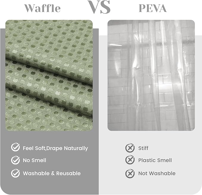 No Hook Shower Curtain with Snap in Liner Set Waffle Shower Curtain for Bathroom Hotel Style Fabric Waterproof Inner Liner，71" W x 74" H, Green