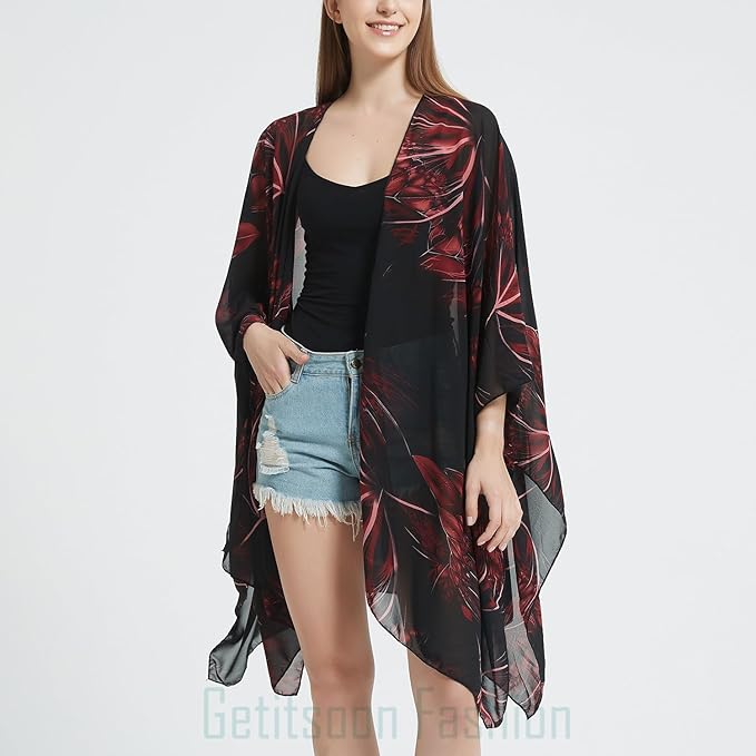 Women's Bohemian Floral Chiffon Beach Cover up Swimsuit Kimono Summer Swimwear Cardigans