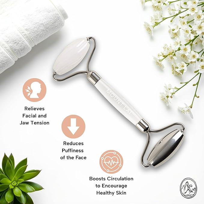Mount Lai The Vitality Qi White Jade & Stainless Steel – The Stone of Harmony and Clarity, Face Roller for Soothing, Refreshing & Radiant-Looking Skin, Facial Massager Tool for Self-Care Ritual