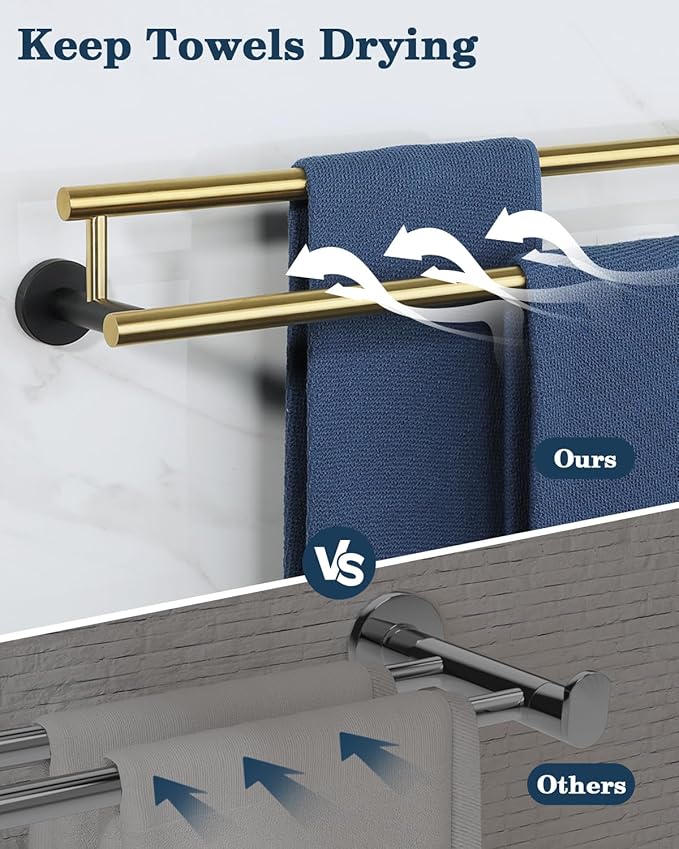 Alise Double Bath Towel Bars,24 Inch Towel Racks for Bathroom,SUS304 Stainless Steel Towel Holder,Towel Holder Wall Mount,Toilet Kitchen Towel Rod,Brushed Gold and Black Finish Towel Rail,GYT6902-GB