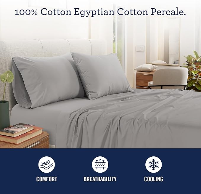 IZOD 100% Egyptian Cotton Sheets Set Full Size, Cotton Percale Crisp Sheet Set 4Pc,Lightweight & Deep Pocket fits Upto 17", Long-Staple Soft Combed, Hotel Style Luxury Bedding Sheet - Sterling Silver