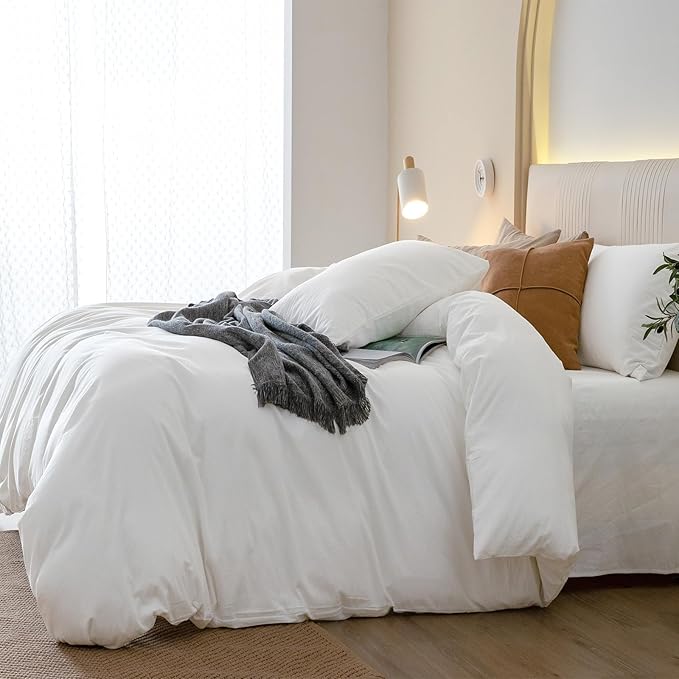 JIYUAN 100% Washed Cotton Duvet Cover Set 3 Pieces Super King, 1 Duvet Cover 108x98 Inches(Comforter Not Included) and 2 Pillowcases,Linen Feel Bedding Set Comfy and Breathable,Bright White