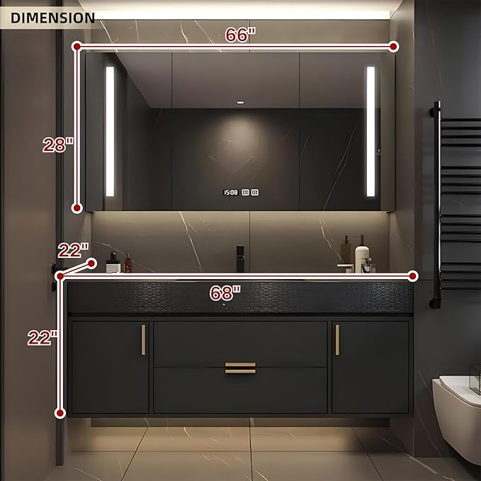 Bathroom Vanity, Floating Bathroom Vanity with Single Sink, Solid Wood Bathroom Vanities Includes LED Smart Defogging Mirror Cabinet & One-Piece Sink, Modern Vanities with 2 Drawer Storage (Black,68")