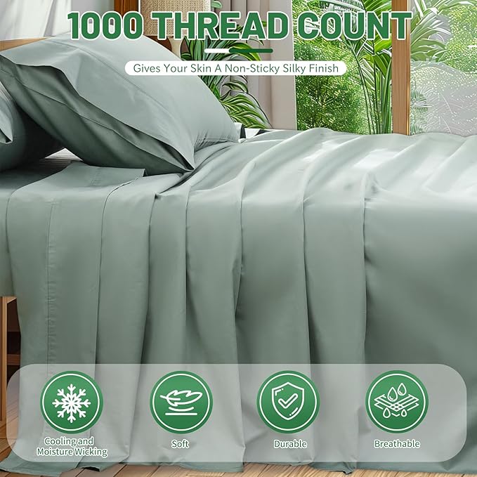 Egyptian Cotton Sheets Full Size 1000 Thread Count Sateen Weave Soft Breathable 16-Inch Deep Pocket 4PCS（Full,Sage Green）