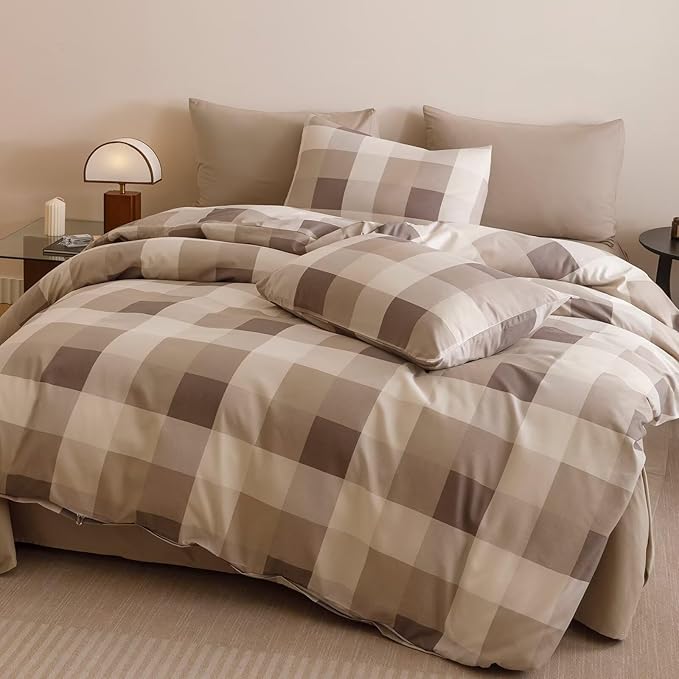 Cottonight Checkered Khaki Comforter Set Cal King Gingham Grid Bedding Set Khaki and Cream Coffee Grid Comforter Fluffy Soft Blanket Quilts Modern Cottagecore Comforter California King Bed