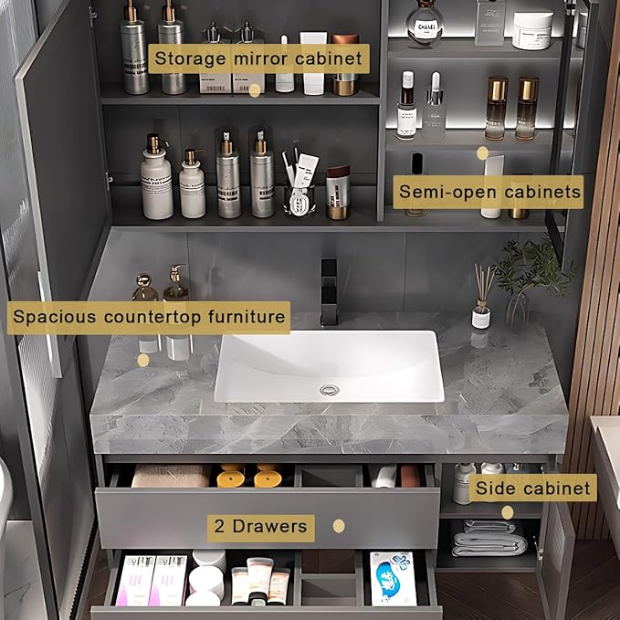 Modern Bathroom Vanity - Wall-Mounted Bathroom Storage & Bathroom Vanities with Sink, Wall Mounted, Defogging & Led Lighting | Bathroom Cabinets Slim