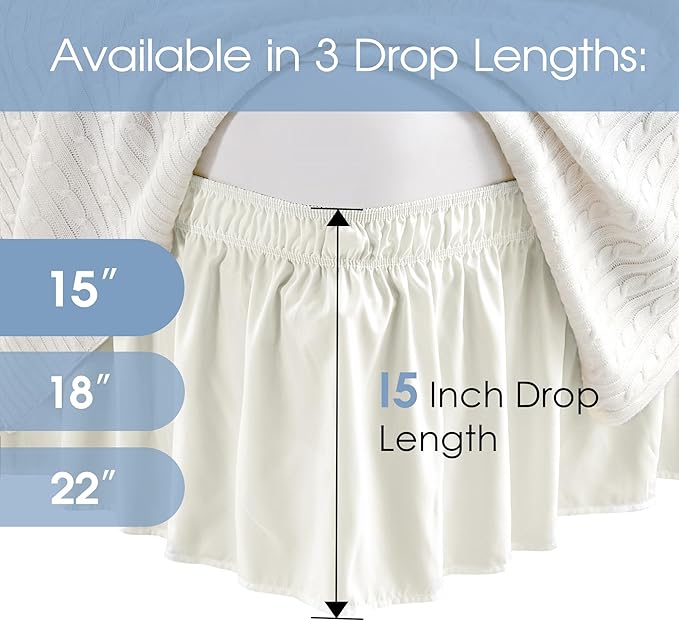 FreshCulture Twin Bed Skirt, Elastic Wrap Around Bed Skirt Twin Size, Bed Skirts for Adjustable Bed, Easy Fit with 15 Inch Drop Length, Hotel Quality Dust Ruffle for Twin Bed (Ivory)