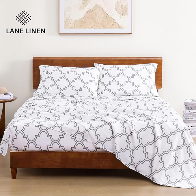 LANE LINEN 100% Organic Cotton Twin XL Sheet Set, Low Pilling Printed Fade Resistant Machine Washable Extra Long Twin Bedding Set, Soft & Comfy Printed Cotton Sheets - Trellis