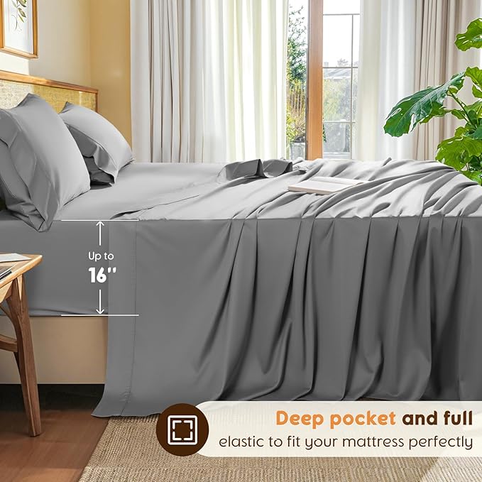 LBRO2M 100% Cotton Sheets Set Queen Size 600 Thread Count 4 Piece Sets Bed Sheet Deep Pocket Up to 16" Soft Comfortable All Season (Queen, Gray)
