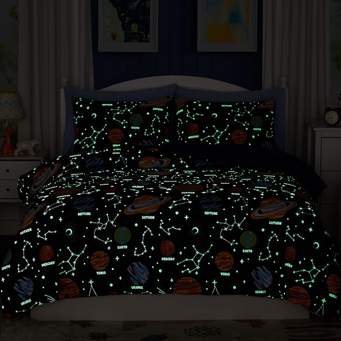 Twin Comforter Set for Boys-5 Pieces Space Glow in The Dark Twin Bedding Sets for Kids, Ultra Soft Bed in A Bag with Sheets