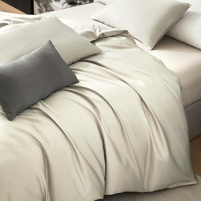 PURE ERA Duvet Cover Set 800 Thread Count Long Staple Cotton Sateen Silky Soft Luxurious Smooth 3 Piece Set Beige Queen