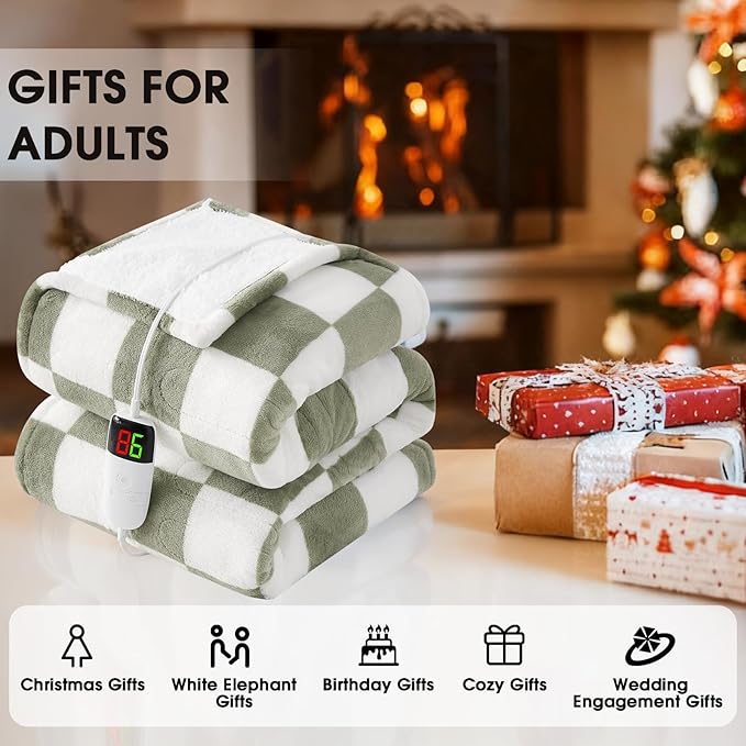 Sage Green Heated Throw Blanket Electric, 50X60 Heating Blanket with 10 Heat Levels & 8 Hours Auto Off for Lap, Checkered Plaid Soft Sherpa Blankets Warmer Gifts for Couch Grandma Women Adults