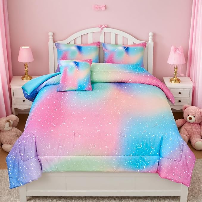 URBONUR 6Pcs Comforter Set for Girls Full Size Colorful Rainbow Bedding Set Galaxy Star Printed Kids Bed Sets for Full Bed, Ultra Soft Comforters with Sheet Set