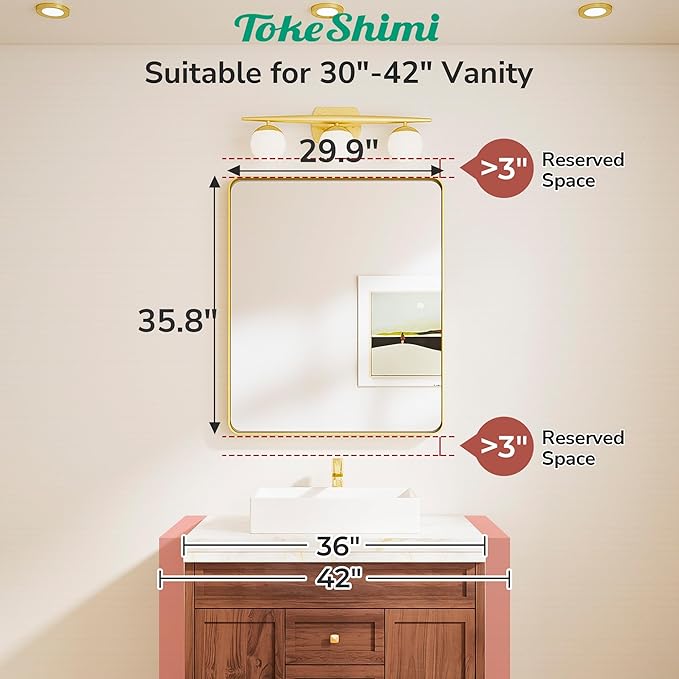 TokeShimi 30x36 Brushed Gold Mirror for Bathroom,Modern Bathroom Vanity Mirror,Tempered Glass,Gold Aluminum Framed Mirror(Horizontal/Vertical)