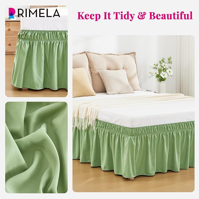 RIMELA Light Green Bed Skirt Twin Size 15 Inch Drop, Elastic Bed Skirting for Adjustable Bed Base and Frame, Bedding Dust Ruffle Easy to Install, Hotel Quality Wrap Around Bedskirt