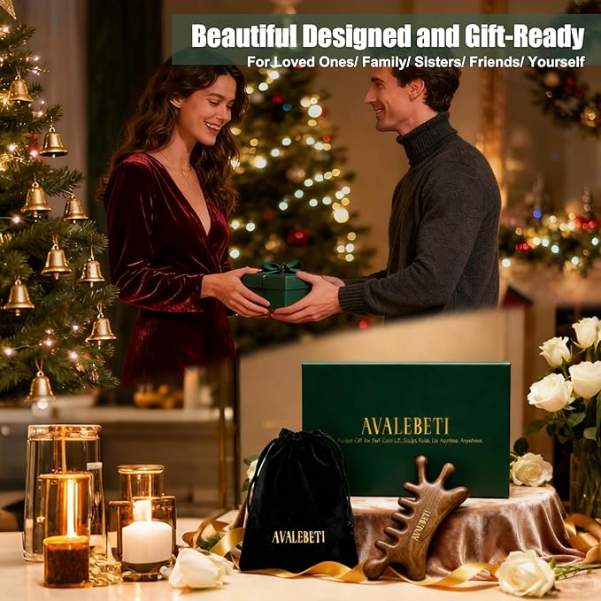 6-in-1 Gua Sha Tool for Face & Body, Natural Sandalwood – Lymphatic Drainage, Jaw Lifting & Nose Sculpting, Head Scalp Massage Comb for Stress Relief, Home Office Self Care Gifts for Women