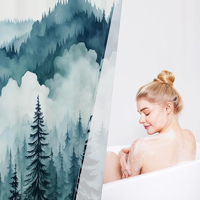 Peacock Blue Extra Long Misty Pine Forest Shower Curtain 72 x 84, XL Mountain Foggy Woodland Scenery Tree Shower Curtains for Bathroom, Abstract Waterproof Nature-Themed Decor