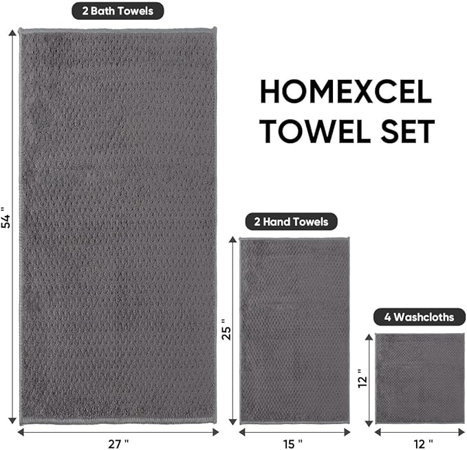HOMEXCEL 8 Piece Bath Towel Set, Microfiber Bathroom Towel - 2 Bath Towels, 2 Hand Towels, and 4 Wash Cloths, Super Soft, Highly Absorbent Towels for Bathroom, Gym, Hotel, and Spa (Grey)