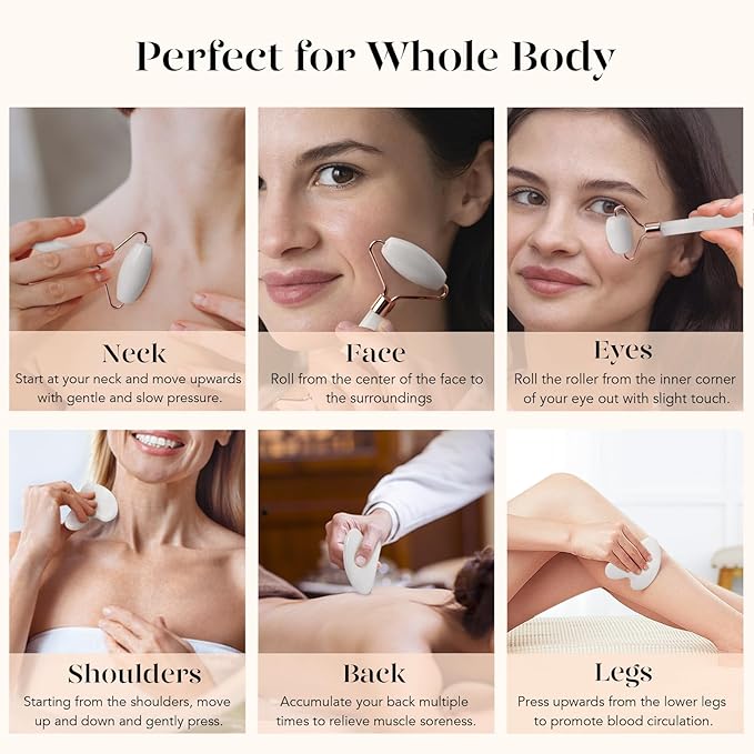 BAIMEI IcyMe Jade Roller & Gua Sha Set Face Roller and Gua Sha Facial Tools for Skin Care Routine and Puffiness, Self Care Gift for Men Women - White