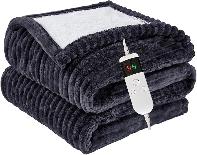 Heated Blanket Electric Throw, Soft Flannel Heating Blanket with 8 Hours Auto Off 10 Fast Heating Levels Machine Washable Sherpa Heated Blanket with Overheating Protection
