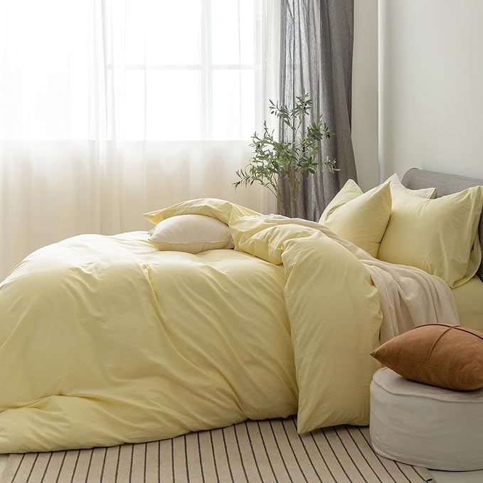 FOSSA Duvet Cover Set 100% Washed Cotton Linen Feel Super Soft Breathable Cozy 3 Pieces Bedding Sets Solid Pastel Yellow Oversized King
