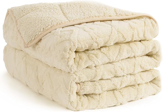Topblan Weighted Blanket Twin Size 15 Pounds, Soft Weighted Blanket with Doubled-Sized Shaggy Sherpa, Jacquard Knitted Stylish Warm Weighted Blankets Throw for Better Sleep, Beige, 48 x 72 inches