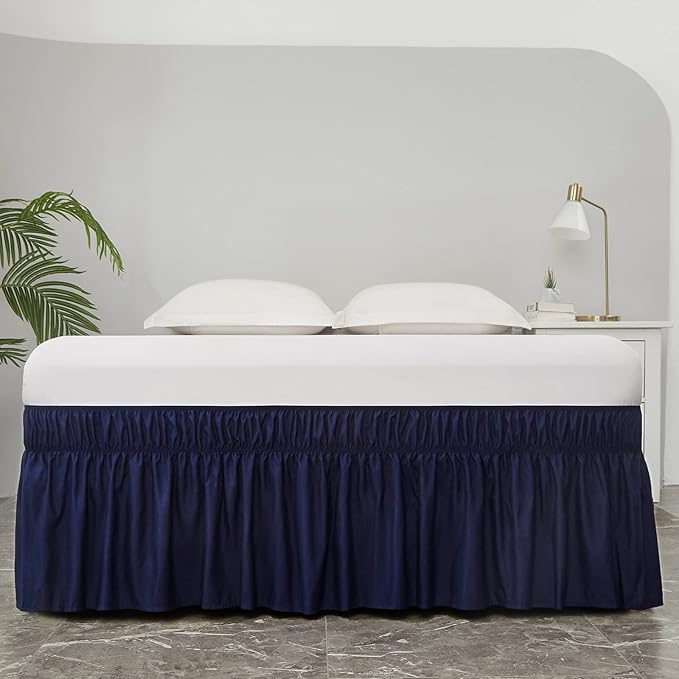 MEILA Wrap Around Bed Skirt Three Fabric Sides Elastic Dust Ruffled 16 Inch Tailored Drop,Easy to Install Fade Resistant-Navy Blue, Twin/Full