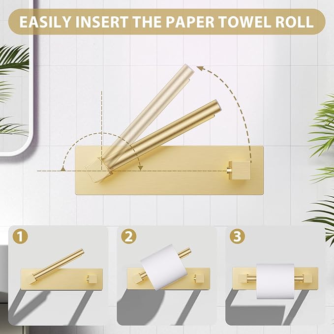 Brushed Gold Self Adhesive Toilet Paper Holder, Stainless Steel Bathroom Toilet Paper Holder Stick On Wall Mount, Commercial Toilet Paper Dispenser Peel and Stick Toilet Paper Holder Adhesive