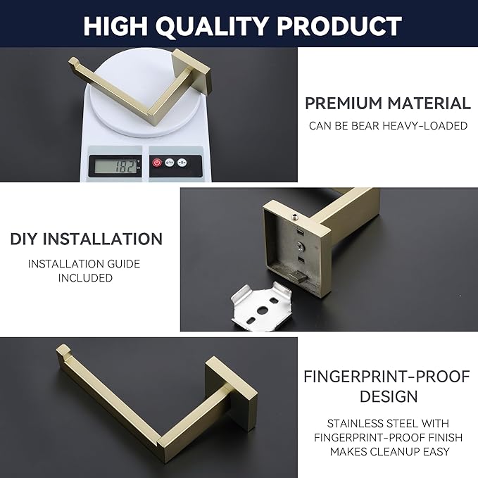 LANC Gold Toilet Paper Holder, Brushed Gold Toilet Paper Roll Holder Wall Mounted for Bathroom Washroom Modern Toilet Tissue Holder TP Dispenser Square Stainless Steel Left, A8807BG-LF