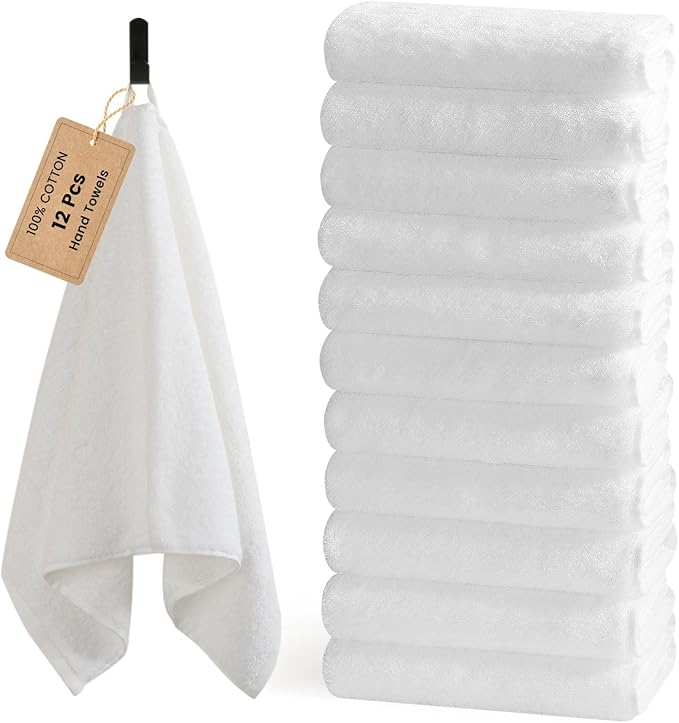 SEMAXE 12 Pack Hand Towels for Bathroom, 100% Cotton Towels with Hanging Loops, Soft and Highly Absorbent, Hand Towel Set for Gym, Shower, Hotel, Spa and Kitchen, White